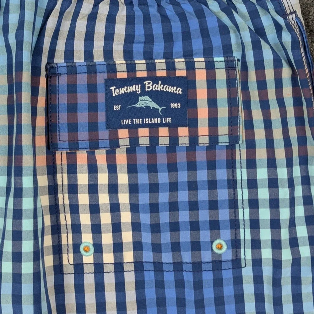 Tommy Bahama Mens Blue‎ Orange Gingham Plaid Swim Trunks Board Shorts Medium